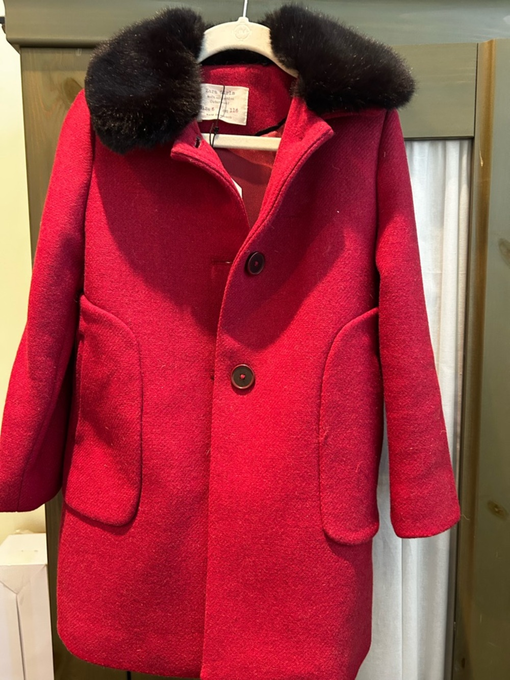 Zara Girls Bright Red Pea Coat with Black Faux Fur Collar